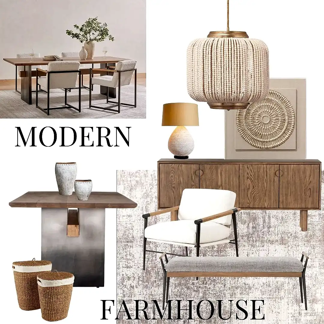 This modern farmhouse dining room is loaded with earth tones in materials from wood, steels, and metals with textiles making this dining room blend comfort and sophistication with ease.