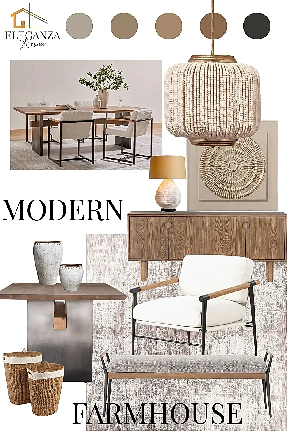 This modern farmhouse dining room is loaded with earth tones in materials from wood, steels, and metals with textiles making this dining room blend comfort and sophistication with ease.
